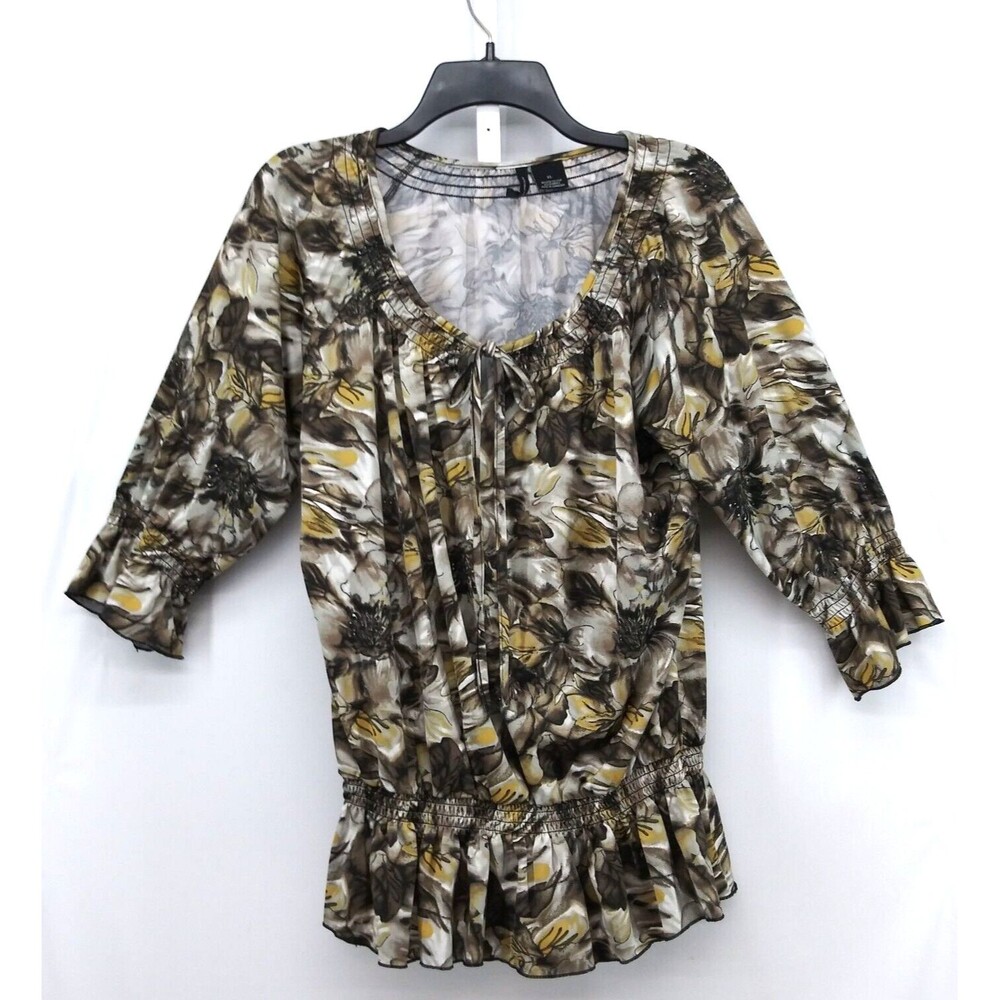 New Directions Shirt Womens Size XL Brown Floral Elastic Waist Line Blouse Top